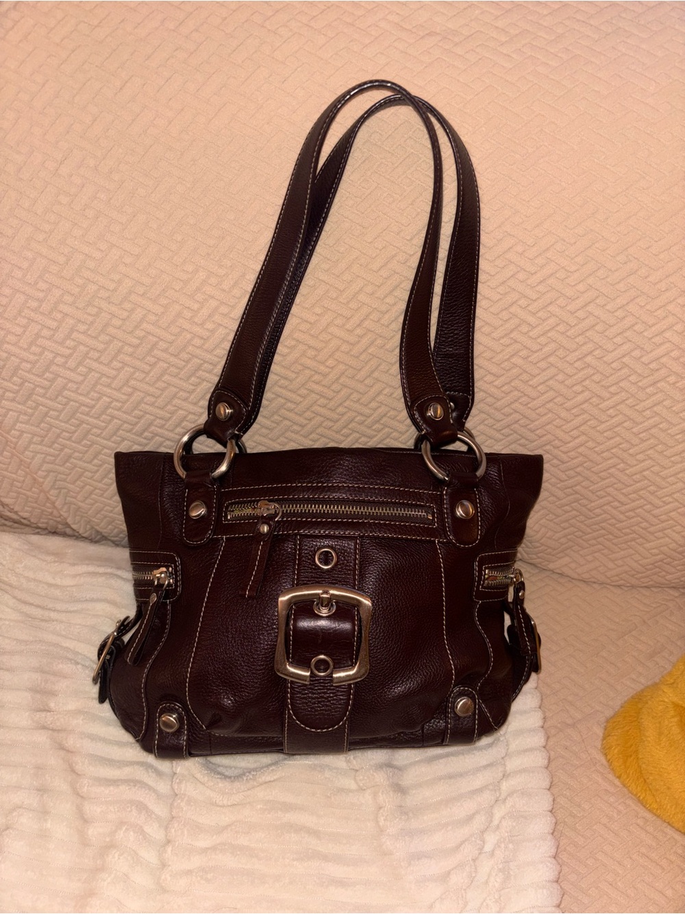 B Makowsky Women’s Brown Leather Shoulder Bag with Buckle Accent